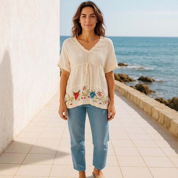 Johnny Was Embroidered  Top Tie Front Ivory Floral Rayon Short Sleeve Women's XS - Picture 2 of 6